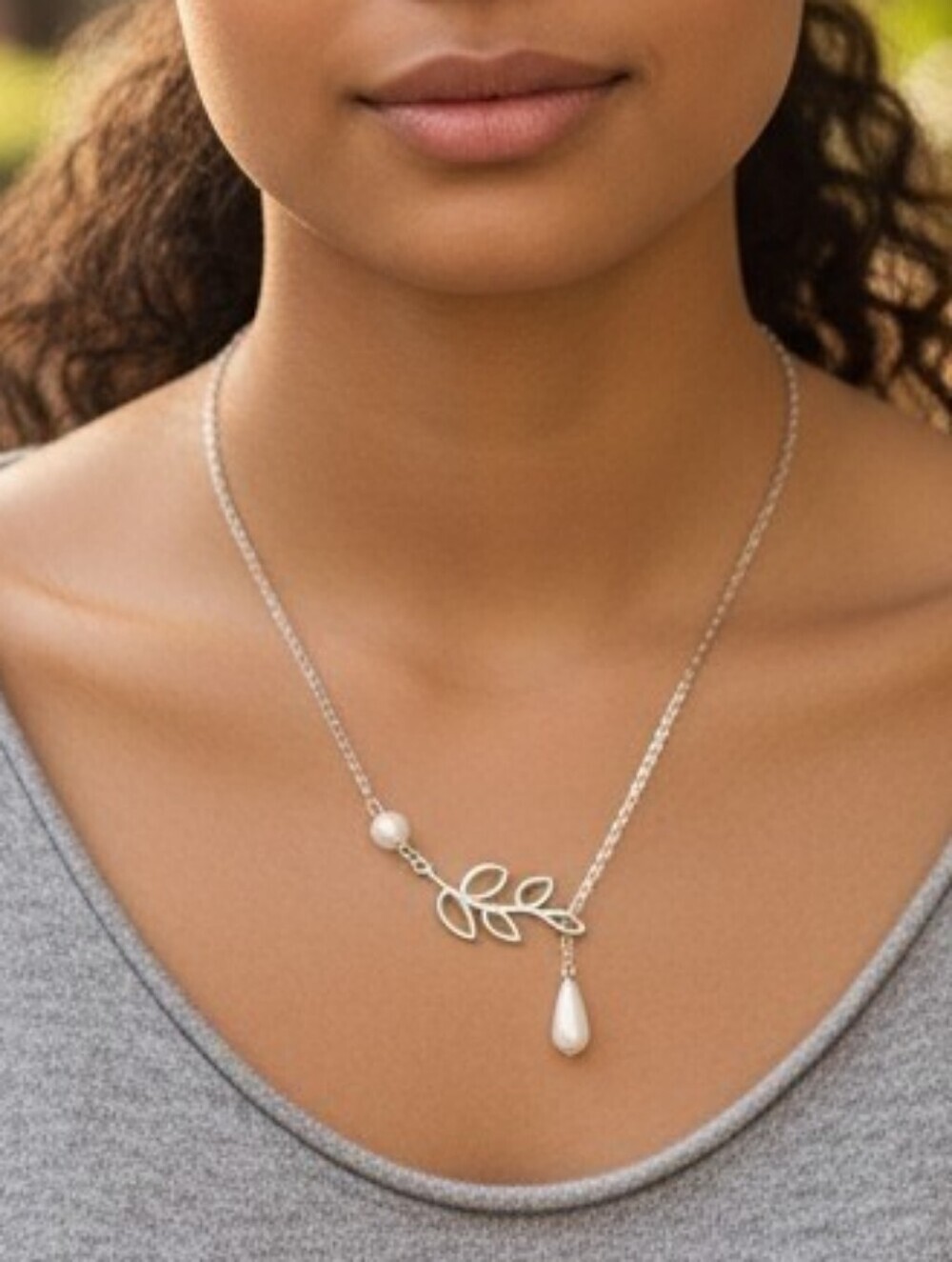 Elegant Silvertone Leaf and Faux Pearl Necklace